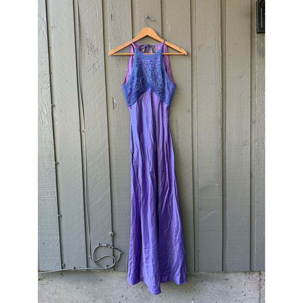 Morgan and Co Dress Halter Maxi Women Embroidered Satin 5/6 Purple Mermaid